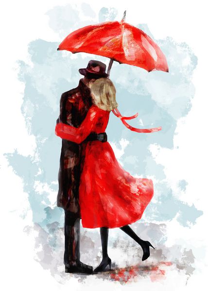 زن و شوهر عاشقانه زیر یک چتر قرمز بوسه تصویر دوست داشتنی آبرنگ برای روز ولنتاین و x27؛ s زن و مرد جوان در لباس و کفش اسموچ پس زمینه با رنگ چلپ چلوپ عشق
