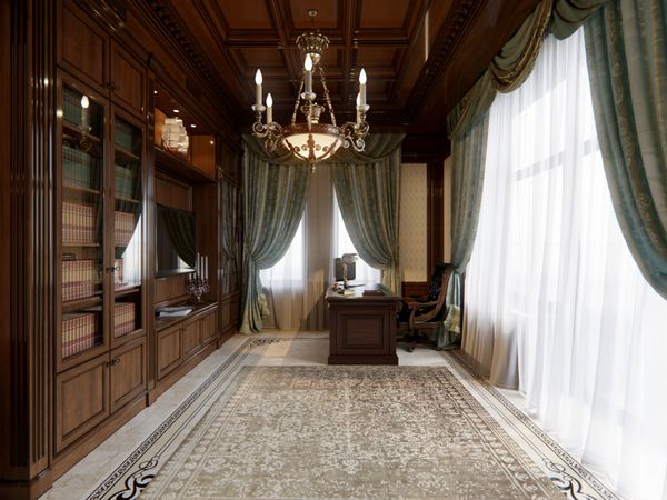 دفتر خانه بزرگ از چوب تیره به سبک کلاسیک با کتابخانه و مبل بزرگ ارائه 3 بعدی