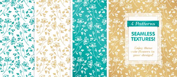 VECTOR eps 10 4 الگوهای SEAMLESS در رنگ های طلایی سفید و فیروزه ای بافتهای بی پایان با گل