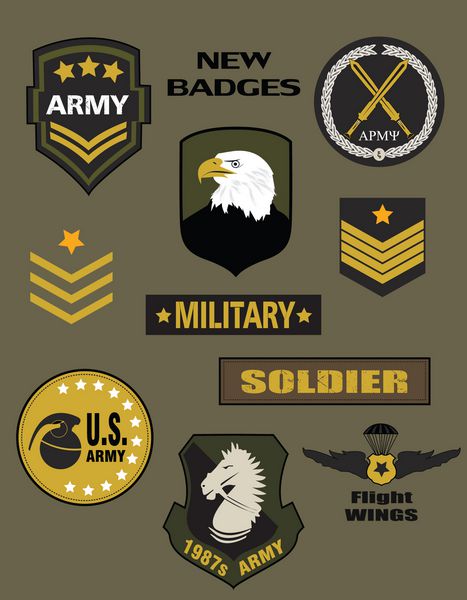 مجموعه ای از تیپی های نظامی و نشان های ارتش و ارتش گرافیک تی شرت بردار