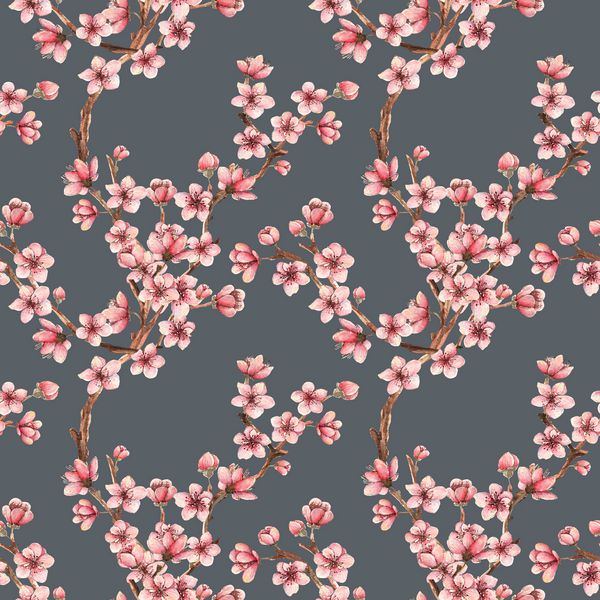 شکوفه های گیلاس گل های بهاری تصویر آبرنگ شاخه ها گل ها کارت برای شما دست ساز الگوی بدون درز پس زمینه تیره