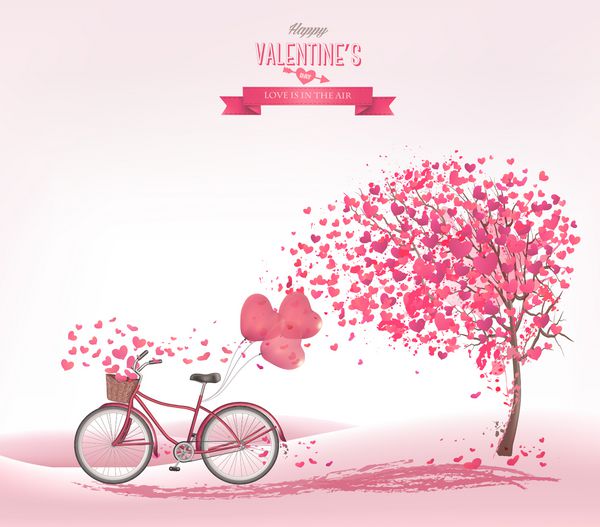 زمینه روز ولنتاین و x27؛ s با یک درخت قلب و یک دوچرخه وکتور