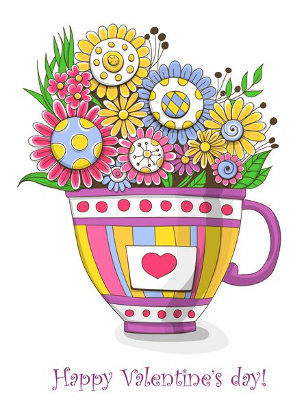 دسته گلهای doodled در یک فنجان با قلب طراحی روز ولنتاین