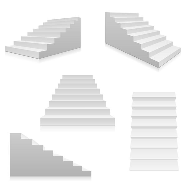پله های سفید پله های داخلی 3 بعدی که بر روی سفید جدا شده اند مجموعه مراحل وکتور راه پله برای تصویر سازی داخلی جدا شده در پس زمینه سفید