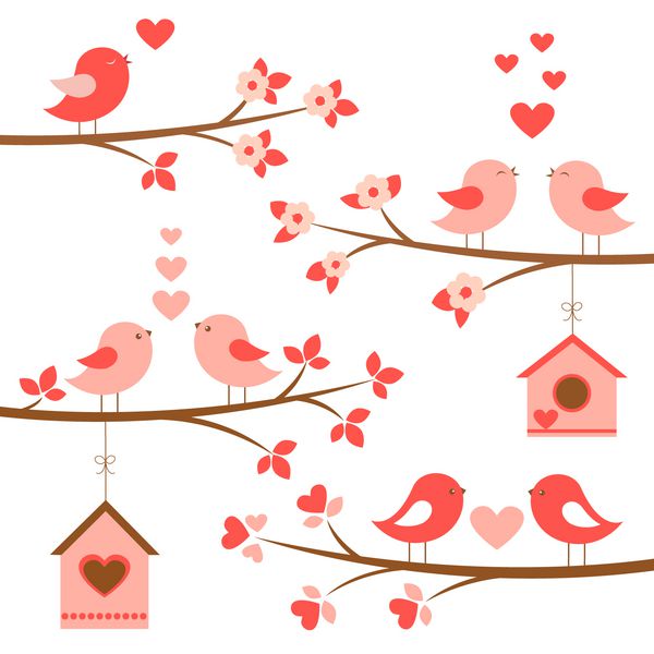 مجموعه پرندگان زیبا در عشق در شاخه های شکوفه پرندگان قرمز و صورتی خانه های پرنده قلب گل عناصر بردار برای روز