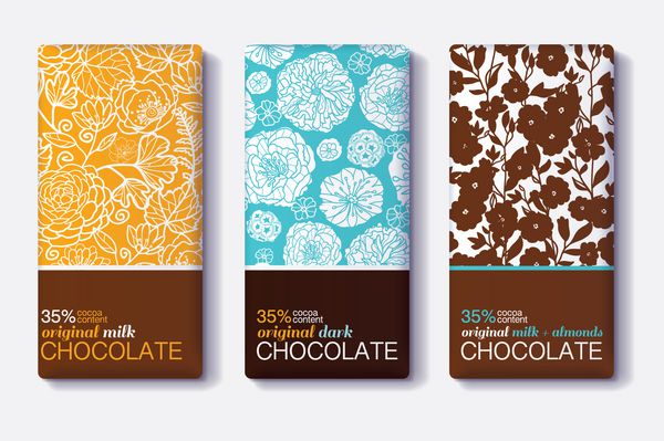 مجموعه وکتور طرح های بسته بندی شکلات با الگوهای جدید گل شیر تیره بادام مجموعه الگوهای قابل ویرایش بسته بندی