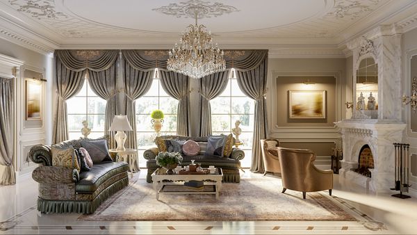 اتاق نشیمن باروک لوکس در یک خانه بزرگ با سبک کلاسیک با شومینه بزرگ مرمر کف مرمر و سقف تزئین شده با تزئینات قالب ارائه 3 بعدی