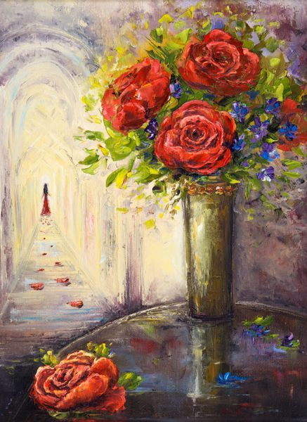 نقاشی روغنی اصلی گلدان های زیبا یا گلدان های تازه از گل و خانم با فاصله از فاصله روی بوم