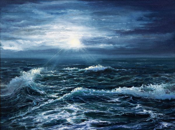 نقاشی روغنی اصلی که موج هایی را در اقیانوس یا دریا بر روی بوم نشان می دهد امپرسیونیسم مدرن مدرنیسم marinism