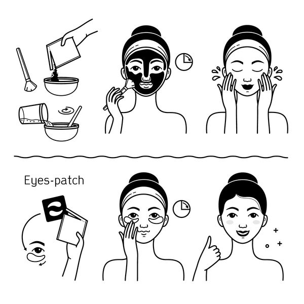 مجموعه مراقبت از پوست صورت با تصویر برداری جدا شده دختر دختری که صورت خود را شستشو می دهد کرم های آرایشی را تمیز و استفاده می کند روشهای بهداشتی پوست صورت ماسک درمانی صورت زیبایی چشم آرایشی