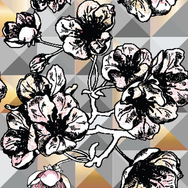 الگوی یکپارچه با گلهای صورتی و گلهای نرم و گیلاس بر روی زمینه هندسی خاکستری تصویر برداری