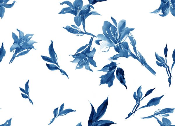 نقاشی با آبرنگ با دست نقاشی دستمال نقاشی الگوی یکپارچه ترکیب گل کبالت آبی