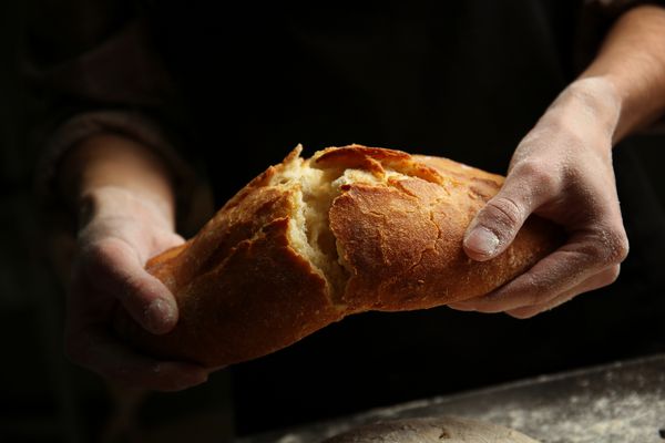 دستان نر که نان تازه پخته شده را می شکنند نزدیک