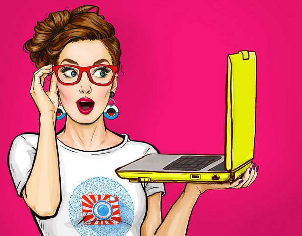 زن شگفت زده در عینک با لپ تاپ در دست به سبک طنز پوستر تبلیغاتی دختر که به سمت نوت بوک نگاه می کند