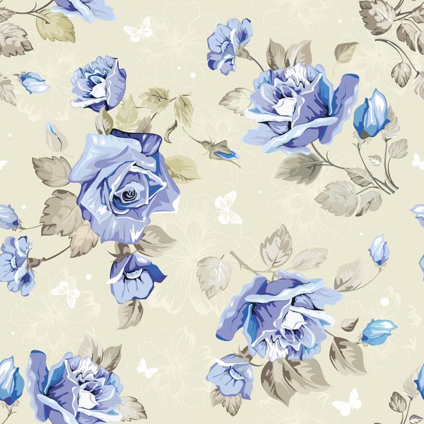 الگوی کاغذ دیواری بدون درز با گلهای آبی و پروانه تصویر برداری