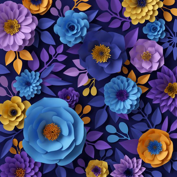 3D رندر تصویر دیجیتالی طراحی گلهای کاغذی آبی زرد دیوار تزئینی گل زمینه تعطیلات