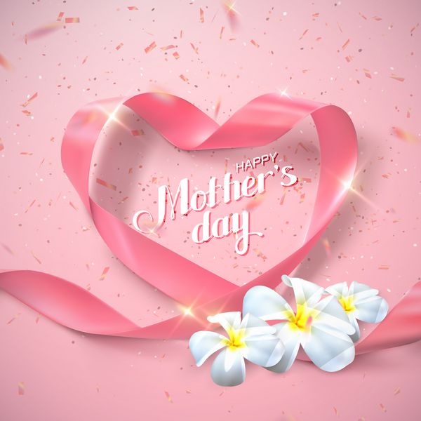 روز مادران مبارک وکتور نقاشی تعطیلات جشن با حروف قلب روبان صورتی گل و درخشش کنفیتی درخشان