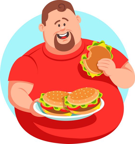 مرد کامل در پیراهن قرمز بسیاری از همبرگر را می خورد گرافیک وکتور
