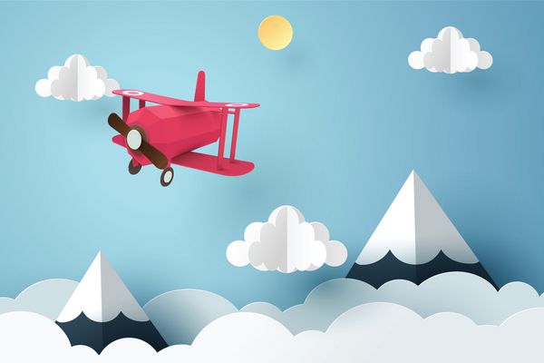 مقاله هنری هواپیمای صورتی که در آسمان اریگامی و مفهوم روز سفر هنر وکتور و تصویرگری پرواز می کند