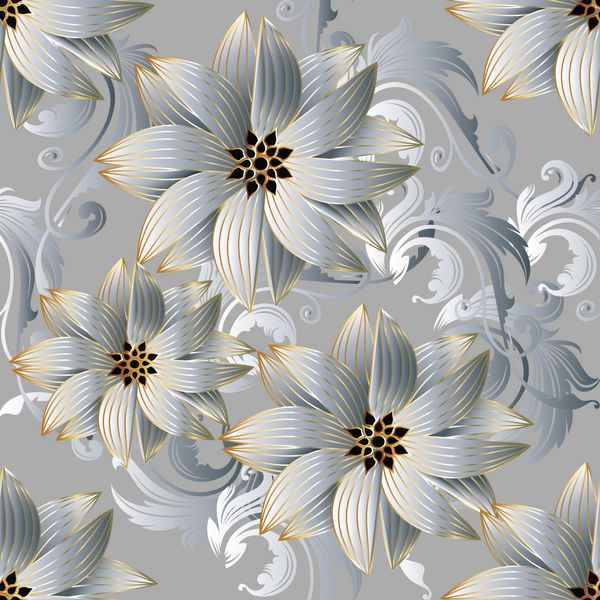 الگوی بدون درز گل زیور آلات Damask کاغذ دیواری پس زمینه باروک مدرن با گل های سفید پرنعمت 3D و برگهای چرخشی عتیقه برگ به سبک ویکتوریا وکتور سطح سطح