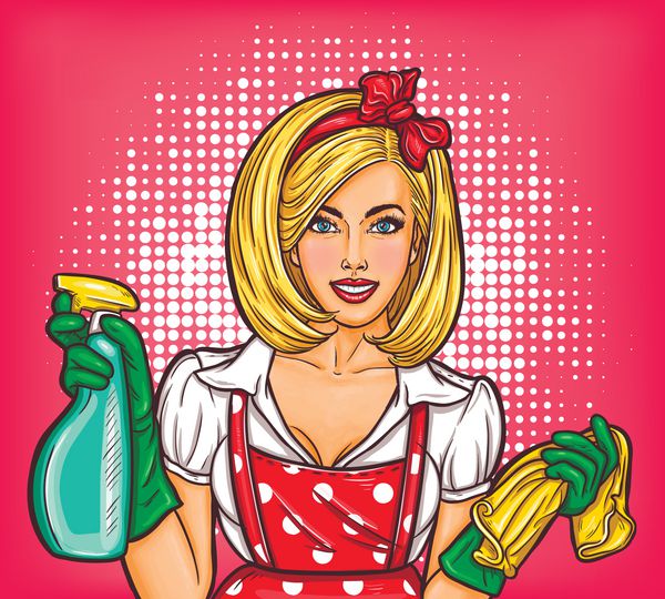 پوستر وکتور پاپ آرت تبلیغ خدمات تمیز کردن با یک زن خانه دار در پیش زمینه