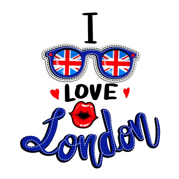 پرچم انگلستان روی عینک طراحی پیراهن نوجوانان با متن من عاشق لندن لب بوسه قلب کاغذ دیواری مدرن