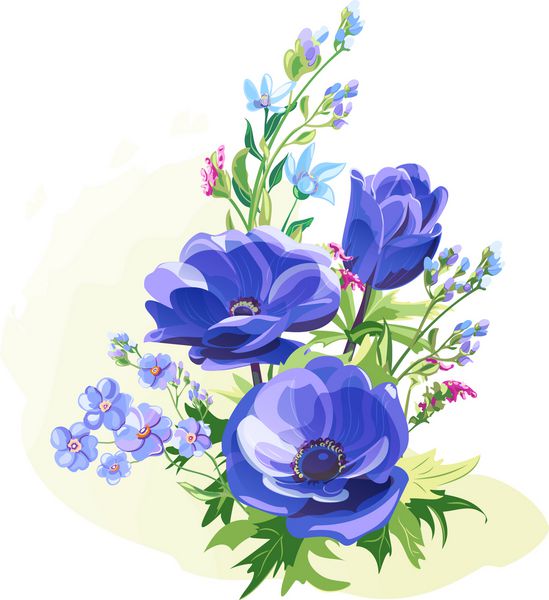 دسته گلهای آبی شقایق و فراموش نکردنی ساقه ها و برگها با زمینه سفید قرعه کشی دیجیتال سبک نقاشی آبرنگ تصویر تزئینی وکتور