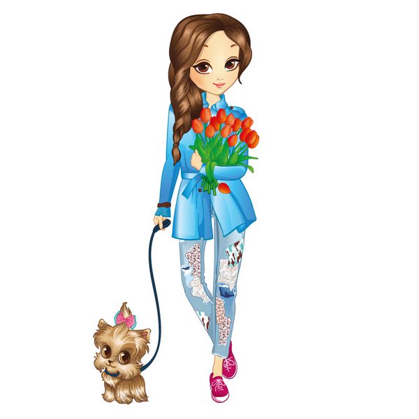 تصویر برداری دختر در حال قدم زدن با سگ و گل های ناز