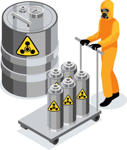 ترکیب مواد شیمیایی با کارگر لباس محافظت شیمیایی که دارای واگن برقی با سوخت رادیواکتیو هسته ای در تصویر برداری عروق است