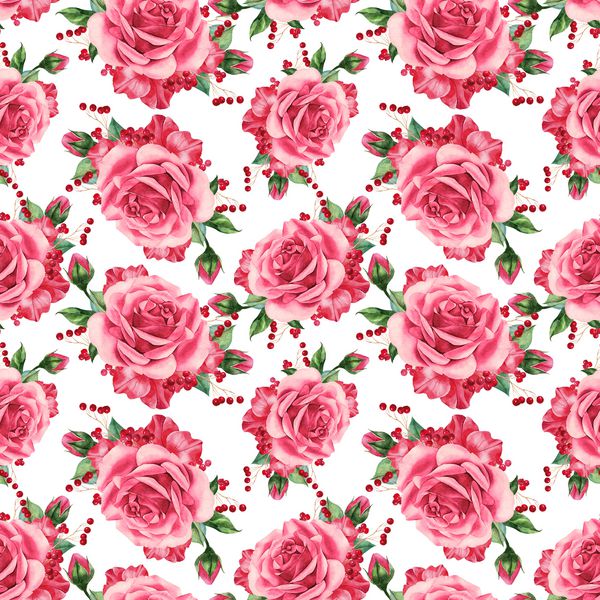 الگوی ناز و یکنواخت زیبا با دسته گلهای رز گلبرگ تصویر آبرنگ زمینه سفید
