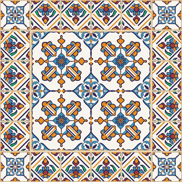 وکتور بدون درز بافت الگوی رنگی زیبا برای طراحی و مد با عناصر تزئینی کاشی های پرتغالی Azulejo زیور آلات مراکش