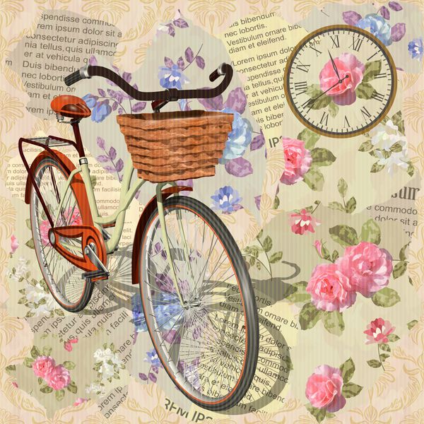 پس زمینه پرنعمت با گلهای رز پرندگان و دوچرخه