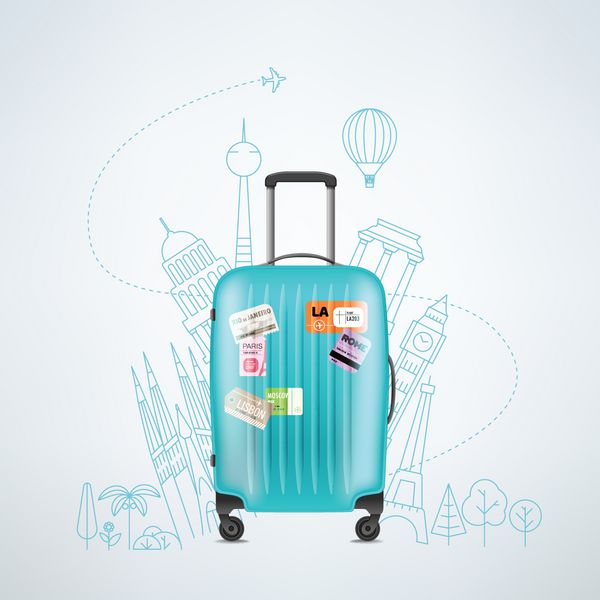 کیسه سفر پلاستیکی رنگی با تصویر بردار عناصر مختلف سفر مفهوم سفر