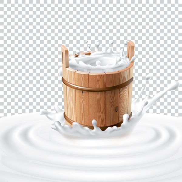تصویر برداری یک سطل چوبی با شیر ایستاده در مرکز پاشیده لبنیات پوستر تبلیغاتی قالب به سبک واقعی برای شیر با کیفیت بالا و طبیعی