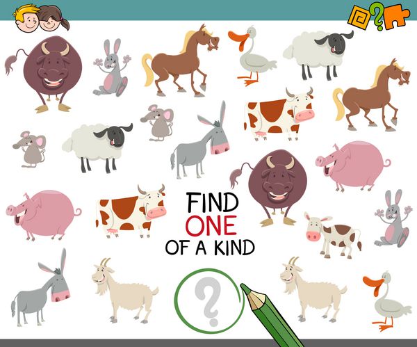 تصویرسازی کارتونی یافتن یکی از بازی های فعالیت آموزشی مهربان برای بچه ها با شخصیت های حیوانات