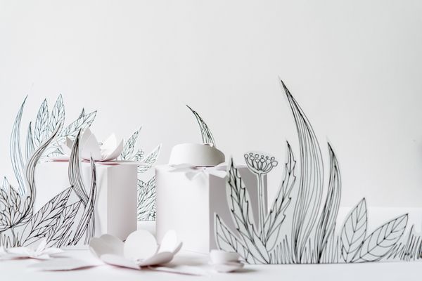 گل های کاغذی سه بعدی با برگ ها و ساقه های نقاشی شده هدایای سفید و گل های کاغذ سفید روی زمینه سفید