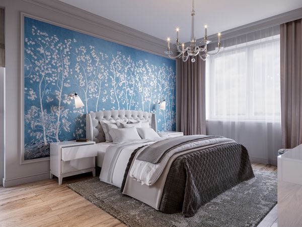 طراحی داخلی مدرن اتاق خواب با عناصر کلاسیک دیوارهای خاکستری مبلمان سفید و کاغذ دیواری گل تصویر سه بعدی