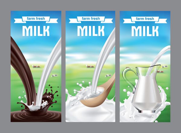 تصویر برداری مجموعه ای از برچسب های شیر و لبنیات با پاشیدن شیر و ریختن سبک واقع گرایانه