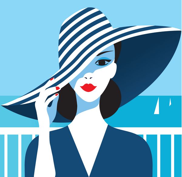 مدل زیبا شیک برای طراحی مد تصویر گرافیکی Art Deco پرتره دختر زیبا در دریا سبک بردار راه راه زیبا