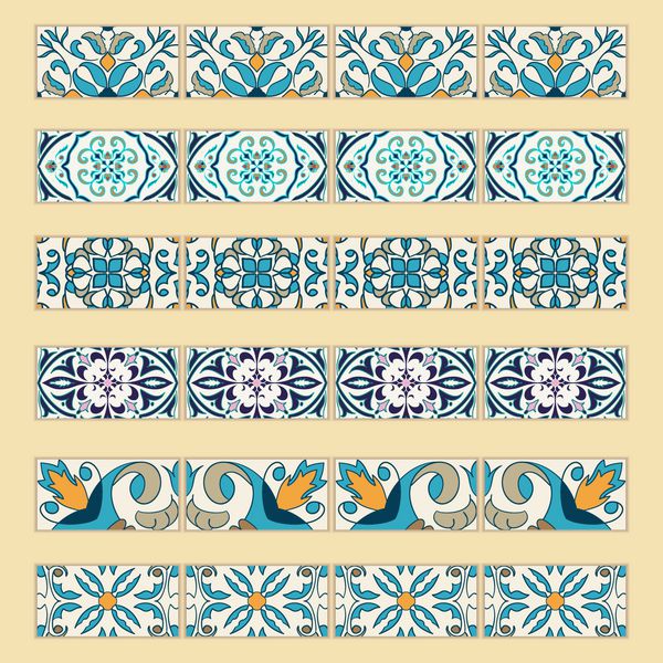 مجموعه وکتور مرزهای کاشی تزئینی مجموعه الگوهای رنگی برای طراحی و مد زیور آلات پرتغالی Azulejo Talavera اسپانیایی مراکش