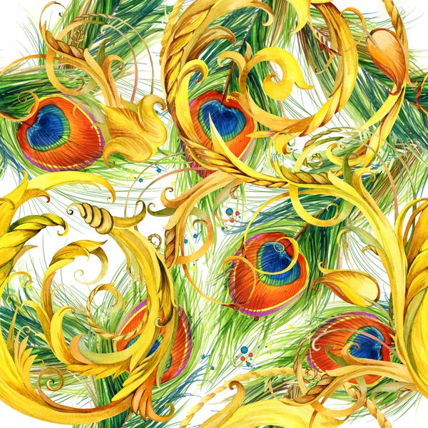 الگوی بدون درز طاووس توری طلایی پس زمینه آبرنگ حلقوی پرنعمت کاغذ دیواری لوکس