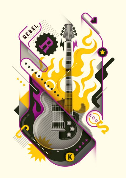 طراحی پوستر به سبک انتزاعی با گیتار برقی شعله های آتش تایپوگرافی و اشیاء مختلف در رنگ تصویر برداری