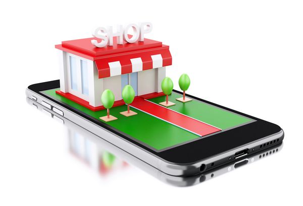 تصویر سه بعدی تلفن همراه با فروشگاه خرید مفهوم آنلاین زمینه سفید جدا شده