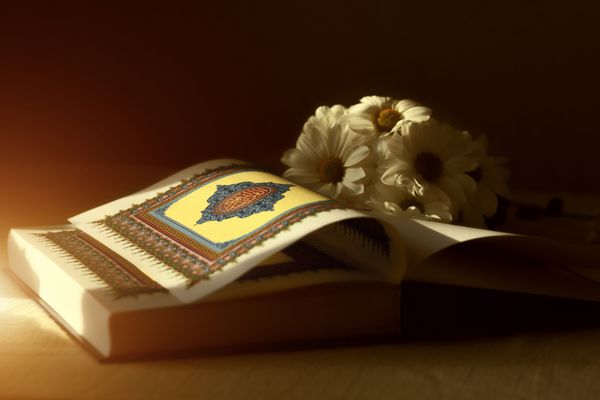 قرآن کتاب مقدس اسلام با گلهایی که در آفتاب دیده می شوند باز است