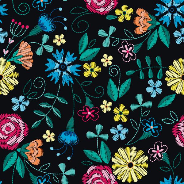 الگوی بدون درز گلدوزی با گلهای زیبا وکتور تزئینات گل بر روی زمینه سیاه گلدوزی برای منسوجات و پارچه های مد