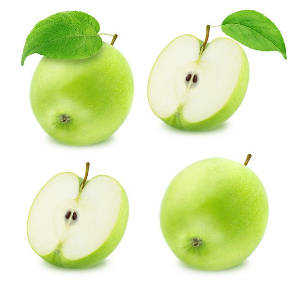 مجموعه ای از سیب های مختلف سبز جدا شده در زمینه سفید
