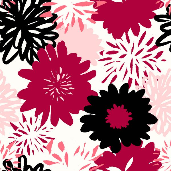الگوی تکرار شده یکپارچه با گلهایی به رنگ قرمز سیاه و صورتی پاستیل در زمینه سفید پارچه کشیده شده دستی بسته بندی هدیه طراحی هنر دیواری
