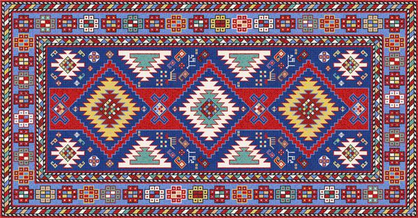 فرش رنگارنگ شرقی موزائیک رنگارنگ با تزئینات هندسی عامیانه سنتی الگوی قاب حاشیه فرش تصویر برداری 10 EPS