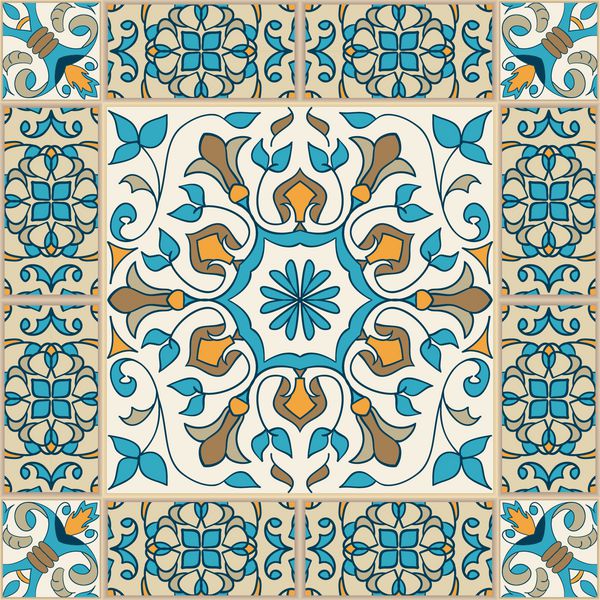 وکتور بدون درز بافت الگوی رنگی زیبا برای طراحی و مد با عناصر تزئینی کاشی های پرتغالی Azulejo زیور آلات مراکش