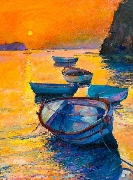 نقاشی اصلی روغن روی بوم قایق در اقیانوس غروب آفتاب هنر زیبا امپرسیونیسم مدرن